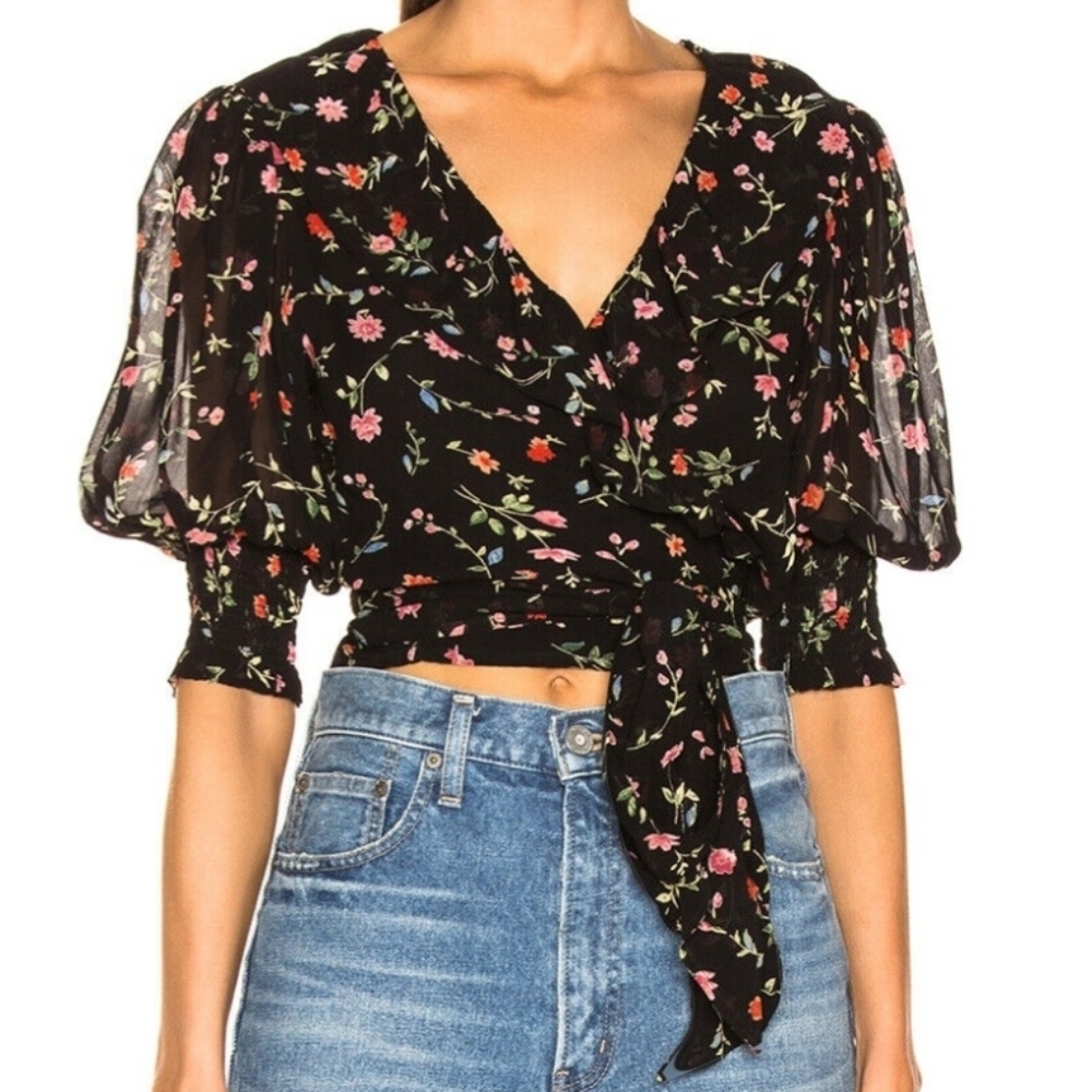 Ganni Paradise Elm Floral Georgette Wrap Blouse Top